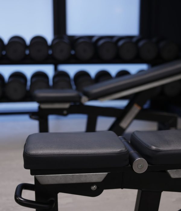 Dumbbells and other equipment in gym, closeup