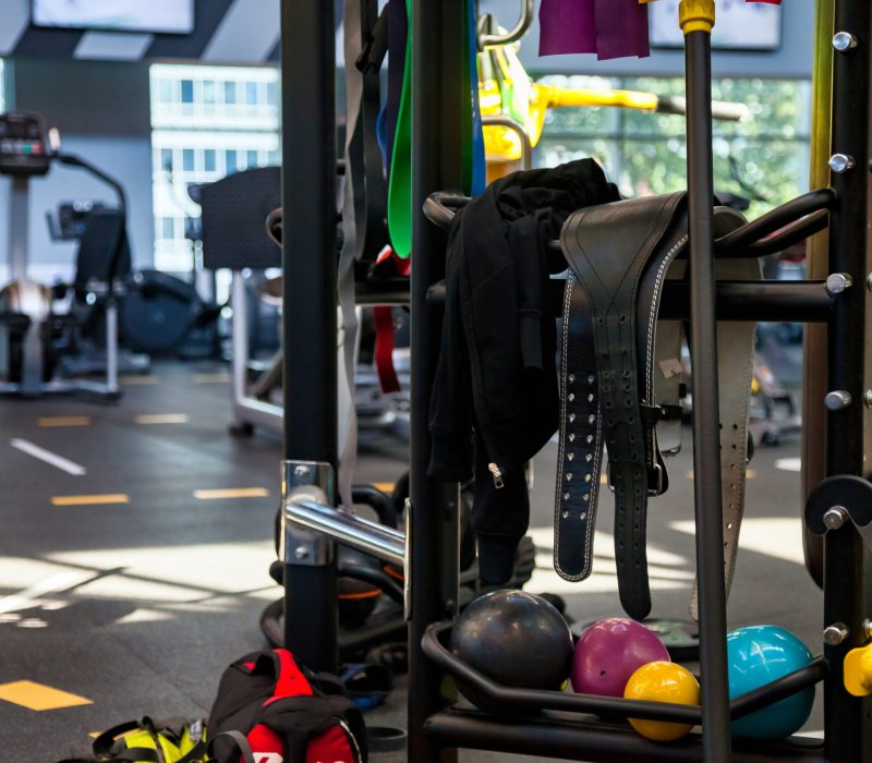 Modern gym interior with sports training equipment on rack, no people. Backdrop of new fitness center inventory for sport exercises workout. Sport workouts and training concept. Copy ad text space